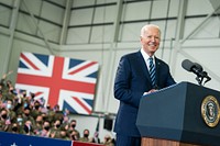 President Joe Biden delivers remarks to Air Force personnel and their families, Royal Air Force Mildenhall, England, June 9, 2021. (Official White House Photo by Adam Schultz). Original public domain image from Flickr