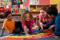 Preschool students and teacher matching food cutouts with the colors of the rainbow in the classroom. Original public domain image from Flickr