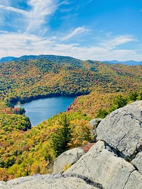 View from Peaked Mountain of trees in fall colors and a pond in the Adirondack Park, North River, NY, on Oct 2, 2022. Courtesy photo by Emily de Vinck.