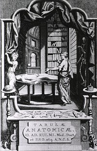 Human Body and the Library as Sources of KnowledgeCollection:Images from the History of Medicine (IHM) Author(s):Kulmus, Johann Adam, 1689-1745, author Publication:Amstelaedami: Janssonio-Waesbergios, 1732 Language(s):Latin Format:Still image Subject(s):Dissection, Anatomy,Surgical Instruments Abstract:Interior view of a library with allegorical figures; a body rests on a dissections table in center; a skeleton stands in an alcove to the right; surgical instruments are arranged on a pedestal in the foreground; bookshelves fill the background. Extent:1 print Technique:engraving NLM Unique ID:101436207 NLM Image ID:A013211 Permanent Link:resource.nlm.nih.gov/101436207