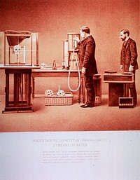 Ascertaining Capacity of Cranial Cavity by Means of Water: Photograph No. 5Collection:Images from the History of Medicine (IHM) Contributor(s):Julius Rien & Co., publisher. Publication:[United States] : Julius Rien & Co., [1885] Language(s):English Format:Still image Subject(s):Skull Genre(s):Pictorial Works Abstract:Black and white print of 2 men with various appliances. On the left is a skull on the stand set-up for photography. This is "photograph no. 5" that appears in "On composite photography as applied to craniology; on measuring the cubic capacity of skulls, memoirs of the National Academy of Sciences; volume 3, 13th memoir" by J.S. Billings and Washington Matthews.  Extent:1 print : 30 x 23 cm Technique:black and white NLM Unique ID:101406482 NLM Image ID:A022276 Permanent Link:resource.nlm.nih.gov/101406482