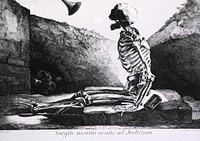 Surgite Mortui Venite ad Judicium =: Arise from the Dead and Come to JudgmentCollection:Images from the History of Medicine (IHM) Author(s):Gamelin, Jacques, 1739-1803, author Publication:Toulouse: J.F. Desclassan, 1779 Language(s):French, Latin Format:Still image Genre(s):Book Illustrations Abstract:Left profile of skeleton sitting on a stone slab that partially covers grave; right leg, bent at the knee, hangs in the grave; head is upturned, jaw open, facing horn appearing from above; hourglass on slab, skulls in opening in wall at left. Related Title(s):Is part of: Nouveau recueil d'osteologie et de myologie, v. 1, Pl. [7].; See related catalog record: 2671311R Extent:1 print Technique:etching NLM Unique ID:101436056 NLM Image ID:A016437 Permanent Link:resource.nlm.nih.gov/101436056