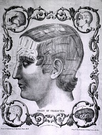 Signs of CharacterCollection:Images from the History of Medicine (IHM) Publication:Louisville, Kentucky : Kling and Teschemacher , 1843 Language(s):English Format:Still image Subject(s):Phrenology Abstract:Phrenology poster which shows a profile with labeled sections in an elaborate border. Extent:1 print : 51 x 34 cm. Provenance:IFA Galleries, Inc.; Purchase; 1976. Technique:lithograph NLM Unique ID:101393882 NLM Image ID:A029265 Permanent Link:resource.nlm.nih.gov/101393882