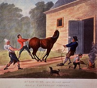 2nd Lecture Upon the Newly Appov'd Method of Casting and FireingCollection:Images from the History of Medicine (IHM) Alternate Title(s):Second lecture upon the newly appov'd method of casting and fireing Author(s):Jukes, Francis, 1745-1812, artist Publication:London : Pubd. according to Act of Parliament, March 28, 1792, by F. Jukes, [1792] Language(s):English Format:Still image Subject(s):Veterinary Medicine, London, Royal Veterinary College (London, England) Genre(s):Pictorial Works, Caricatures Abstract:The second in a series of four numbered prints satirizing the recently opened Royal Veterinary College in London. In this print, a horse is restrained with ropes held by three men outside the opened doors of a blacksmith's shop; a fourth man with bellows works a fire to the right; a small dog stands in the foreground. Extent:1 print : plate mark 26 x 28 cm., on sheet 29 x 32 cm. Provenance:Purchase; 1967. Technique:aquatint, color NLM Unique ID:101393266 NLM Image ID:A021617 Permanent Link:resource.nlm.nih.gov/101393266