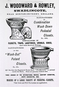 Wash Down and "Wash-Out"... ClosetsCollection:Images from the History of Medicine (IHM) Author(s):Vacher, Francis, 1843-1914, Author Publication:London: Sanitary Record, [1894] Language(s):English Format:Still image Subject(s):Toilet Facilities Genre(s):Book Illustrations Abstract:Advertisement for 'closets, traps, lavatories, urinals, sinks, and other sanitary fittings'; two types of pedestal closets are depicted. Related Title(s):Is part of: A healthy home.; See related catalog record: 63240110R Extent:1 print Technique:wood engraving NLM Unique ID:101436118 NLM Image ID:A012942 Permanent Link:resource.nlm.nih.gov/101436118 