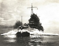 USS Connecticut (BB-18) steaming at high speed, in 1907. Photograph by Enrique Muller. NH 553.