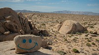 Graffiti Near Jumbo RocksRemoving graffiti is a tedious process that requires training, approved cleaning materials, and carrying heavy equipment to remote sites. Email graffiti offenses to jotr_graffiti@nps.gov with photos and as many identifying location details as possible. NPS / Anna Cirimele Alt Text: A rock with graffiti of a smiley face rests in the foreground, overlooking a landscape of Discovery Trail at Joshua Tree National Park.