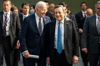 President Joe Biden walks with Italian Prime Minister Mario Draghi after a G7 leaders meeting, Thursday, March 24, 2022, at NATO Headquarters in Brussels. (Official White House Photo by Adam Schultz)