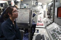 220513-N-DE439-1120 ATLANTIC OCEAN (May 13, 2022) Electrician’s Mate 3rd Class Heidi R. Fernandez monitors propulsion status for main engines, lube oil and fuel aboard the Arleigh Burke-class guided-missile destroyer USS Porter (DDG 78), May 13, 2022. Porter is on a scheduled deployment in the U.S. Sixth Fleet area of operations in support of U.S., Allied and partner interest in Europe and Africa. (U.S. Navy photo by Mass Communication Specialist 2nd Class Almagissel Schuring/Released).