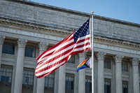 Pride Flag at the U.S. Department of Agriculture in Washington, DC on June 1, 2022. During June 2022, USDA will host in-person, virtual and hybrid Pride Month activities and events for internal (employees) and external stakeholders. These events are coordinated by OASCR in partnership with USDA Mission Areas, Staff Offices and USDA Employee groups. The celebration for Lesbian, Gay, Bisexual, Transgender, Queer, and Intersex (LGBTQI+) Pride Month will reflect on the fight for justice, inclusion, and equality while reaffirming our commitment to do more to support LGBTQI+ rights. USDA photo by Tom Witham