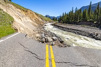 Yellowstone flood event 2022: Northeast Entrance Road washout near Trout Lake Trailhead.
