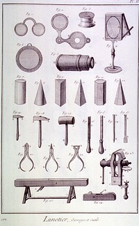 Lunetier, Ouvrages et Outils =: Eyewear, Works and ToolsCollection:Images from the History of Medicine (IHM) Contributor(s):Diderot, Denis, 1713-1784 Publication:[France] , 1774 Language(s):French Format:Still image Subject(s):Eyeglasses Abstract:Instruments used in the manufacture of spectacles. Extent:1 print Technique:engraving NLM Unique ID:101407473 NLM Image ID:A023330 Permanent Link:resource.nlm.nih.gov/101407473