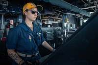IONIAN SEA (July 7, 2022) Lt. j.g. Erin Kincade, from Chapel Hill, Tennessee, notes vessels&rsquo; paths on the bridge aboard USS Bainbridge (DDG 96) in the Ionian Sea, July 7, 2022. Bainbridge is on a scheduled deployment in the U.S. Naval Forces Europe area of operations, employed by U.S. Sixth Fleet to defend U.S., allied and partner interests. (U.S. Navy photo by Mass Communication Specialist 3rd Class Elexia Morelos)