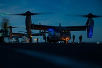 U.S. Marines assigned to the Aviation Combat Element, 22nd Marine Expeditionary Unit (MEU), conduct MV-22 Osprey flight operations aboard the Wasp-class amphibious assault ship USS Kearsarge (LHD 3) in the Atlantic Ocean, July 11, 2022. The Kearsarge Amphibious Ready Group and 22nd MEU, under the command and control of Task Force 61/2, are on a scheduled deployment in the U.S. Naval Forces Europe area of operations, employed by U.S. Sixth Fleet to defend U.S., allied and partner interests. (U.S. Marine Corps photo by Sgt. Armando Elizalde)