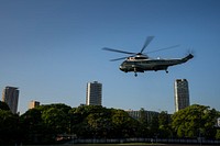 Marine One departs the Hardy Barracks Landing Zone in Tokyo, Tuesday, May 24, 2022, en route to Yokota Air Base in Fussa, Japan. (Official White House Photo by Adam Schultz)