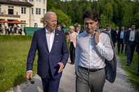 President Joe Biden walks with Prime Minister Justin Trudeau of Canada after G7 leaders delivered remarks at the launch of the Partnership for Global Infrastructure during the G7 summit, Sunday, June 26, 2022, at Schloss Elmau in Krün, Germany. (Official White House Photo by Adam Schultz)