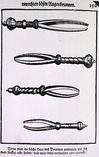 Eyelash tweezers for Treatment of TrichiasisCollection:Images from the History of Medicine (IHM) Author(s):Bartisch, George, 1535-approximately 1607, author Publication:[Dreszden: Matthes Stöckel], 1583 Language(s):German Format:Still image Subject(s):Ophthalmology,Equipment and Supplies Genre(s):Book Illustrations Abstract:Different sizes and styles of tweezers with ornate handles. Related Title(s):Is part of: Ophthalmodouleia, das ist, Augendienst, l. 196 recto.; See related catalog record: 2221062R Extent:1 print Technique:woodcut NLM Unique ID:101436444 NLM Image ID:A016273 Permanent Link:resource.nlm.nih.gov/101436444