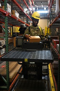 169th Logistics Readiness Squadron personnel at workU.S. Air Force Senior Airman Rashieka Peterson, a material manager at the 169th Logistics Readiness Squadron, operates a forklift to perform the daily activities in the mission support career field at McEntire Joint National Guard Base, South Carolina, August 12, 2022. (U.S. Air National Guard photo by Airman 1st Class Danielle Dawson) 