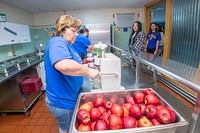 The Royalton-Hartland School District Middle School lunch service in the village of Middleport, eastern Niagara County, NY, on May 25, 2022. Royalton-Hartland School District has approximately 1,300 K-12 students. The district received a U.S. Department of Agriculture USDA Food and Nutrition Service FNS Farm to School Implementation grant in FY 2021. The grant provides engaging, hands-on programming that promotes a healthy lifestyle, increases student knowledge of how to grow, prepare, and store fresh produce, and exposes students to many career opportunities in the growing local agriculture industry. In collaboration with district partners, including Cornell Cooperative Extension of Niagara County, Blackman Family Farms, and the Royalton-Hartland Agriculture Foundation, Royalton-Hartland School District is in the process of developing a K-12 curriculum, engaging teachers in the integration of the farm-to-school vision on a district-wide basis, equipping kitchen facilities to increase the capacity to store, prepare and serve locally sourced foods, and upgrading classrooms for project-based learning experiences. USDA Media by Lance Cheung. 