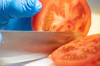 Cutting tomato, culinary school.