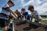 Students from the Royalton-Hartland School District's elementary school in Gasport, NY, on May 26, 2022. Students are taught basic gardening, soil conservation with worms, planting a pollinator garden, and raising butterflies to be set free at the garden. Royalton-Hartland School District, comprised of an elementary, middle, and high school, has approximately 1,300 K-12 students in Middleport, NY, which is a remote, rural part of eastern Niagara County. Royalton-Hartland School District received a FY 2021 Farm to School Implementation grant to provide engaging, hands-on programming that promotes a healthy lifestyle; increases student knowledge of how to grow, prepare, and store fresh produce; and exposes students to the multitude of career opportunities in the growing local agriculture industry. In collaboration with district partners, including Cornell Cooperative Extension of Niagara County, Blackman Family Farms, and the Royalton-Hartland Agriculture Foundation, Royalton-Hartland School District is in the process of developing a K-12 curriculum, engaging teachers in the integration of the farm to school vision on a district-wide basis, equipping kitchen facilities to increase the capacity to store, prepare and serve locally sourced foods, and upgrading classrooms for project-based learning experiences. USDA Media by Lance Cheung.