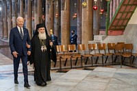 President Joe Biden stops at the Greek Orthodox Altar with Patriarch Theophilos III, Friday, July 15, 2022, at the Church of the Nativity in Bethlehem. (Official White House Photo by Adam Schultz)