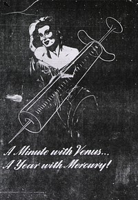 Minute with Venus--: A Year with Mercury!Collection:Images from the History of Medicine (IHM) Alternate Title(s):Year with Mercury Contributor(s):United States. Army Air Forces. Engineer Aviation Battalion, 913th. Publication:Orlando, Fla. : 913th Eng AF HQ CO, [194-] Language(s):English Format:Still image Subject(s):Sexually Transmitted Diseases -- prevention & control, Sexually Transmitted Diseases -- drug therapy Genre(s):Posters Abstract:Predominantly black poster with white lettering. Upper portion of poster features an illustration of a woman wearing an off-the-shoulder dress. An illustration of a syringe is superimposed on the woman. Title below illustration. Publisher information in lower left corner. Extent:1 photomechanical print (poster) : 38 x 27 cm. Technique:black and white NLM Unique ID:101439088 NLM Image ID:A011998 Permanent Link:resource.nlm.nih.gov/101439088