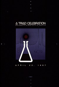 Triad Celebration: Celebrate, Dedicate, CreateCollection:Images from the History of Medicine (IHM) Contributor(s):National Center for Toxicological Research Publication:[Jefferson, Ark.] : National Center for Toxicological Research, 1987 Language(s):English Format:Still image Subject(s):Toxicology Anniversaries and Special Events Genre(s):Posters Abstract:Black poster with white lettering announcing celebration Apr. 23, 1987. Title near top of poster. Central image is an abstraction including black lines on a gray background converging on a black and tan dot, an irregular line with three spikes, three linked hexagons, a white lab beaker with tan and black lines representing contents, and NCTR acronym. Date of event appears below image. Extent:1 photomechanical print (poster) : 51 x 41 cm. Technique:color NLM Unique ID:101437730 NLM Image ID:A025396 Permanent Link:resource.nlm.nih.gov/101437730