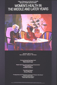 Women's Health in the Middle and Later YearsCollection:Images from the History of Medicine (IHM) Contributor(s):National Institutes of Health (U.S.). Medical Arts and Photography Branch. Publication:[Bethesda, Md. : Medical Arts and Photography Branch, National Institutes of Health], 1996 Language(s):English Format:Still image Subject(s):Aged, Women's Health, Middle Aged Genre(s):Posters Abstract:Abstract picture of two women seated at a table, one in her "later years" holding a hand phone ready to talk. The other woman is younger, has a cup and saucer in front of her, wearing a band/hat with a few feathers. The remainder of the poster lists the date and time of the seminar as well as the topics and speakers. The listed topics and speakers are: "Overview: social and psychological health", Eleanor M. Simonsick, Ph.D., NIA; "Bladder health issues: urinary incontinence and hypersensitivity", Kristene E. Whitmore, M.D., Graduate Hospital, Philadelphia, Pa.; "Bone health and diseases", Jane A. Cauley, Dr. P.H., University of Pittsburgh; "The aging heart and the epidemiology of cardiovascular disease in older women", Sharon A. Jackson, Ph.D., Bowman Gray School of Medicine, Winston-Salem, North Carolina. Extent:1 photomechanical print (poster) : 86 x 46 cm. Technique:color NLM Unique ID:101454237 NLM Image ID:C00862 Permanent Link:resource.nlm.nih.gov/101454237 