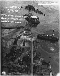 USS Arizona; View from main mast. Bow projecting from water- forward (FCP), 05/18/1942. Original public domain image from Flickr