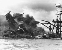 Naval photograph documenting the Japanese attack on Pearl Harbor, Hawaii which initiated US participation in World War II. Navy's caption: The battleship USS ARIZONA sinking after being hit by Japanese air attack on Dec. 7,1941., 12/07/1941. Original public domain image from Flickr