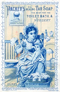 Packer's All Healing Tar Soap: the Best for the Toilet, Bath, & Nursery : Cures Skin & Scalp DiseasesCollection:Images from the History of Medicine (IHM) Alternate Title(s):All Healing Tar Soap and Packer's Tar Soap Contributor(s):Packer Mfg. Co., issuing body.Mayer, Merkel & Ottmann, lithographer. Publication:[New York?] : [Packer Mfg. Co.?], [1882] Language(s):English, Spanish Format:Still image Subject(s):Soaps, Tars -- therapeutic use Genre(s):Advertisements Abstract:Advertisement for Packer's All Healing Tar Soap. Card features a blue tinted illustration of a woman giving a sponge bath to a baby in a nursery. On the wall behind them is a picture of the back of a man's head with the caption, "What will he do with it? Shampoo with Packer's Tar Soap.". Extent:1 trade card : 14 x 9 cm Technique:chromolithograph, color NLM Unique ID:101702885 Permanent Link:resource.nlm.nih.gov/101702885