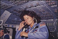 (Sally Ride) America's first woman astronaut communicates with ground controllers from the flight deck during the six day mission of the Challenger. National Aeronautics and Space Administration., 06/18/1983 - 06/24/1983. Original public domain image from Flickr