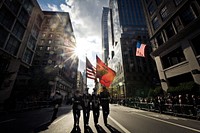 U.S. Service members with the 6th Communications Battalion, Marine Forces Reserve color guard, lead a marching detail of 200 Marines in the annual New York Veteran's Day parade in New York City Nov. 11, 2011.