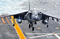 A U.S. Marine Corps AV-8B Harrier II aircraft prepares to land aboard the amphibious assault ship USS Peleliu (LHA 5) during Iron Fist 2012 in the Pacific Ocean Feb. 7, 2012.