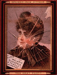 Brown's Iron Bitters. This product contained cocaine. Caption states that it "cures malaria, dyspepsia & female infirmities." Visual motif: Shows a woman behind broken glass. Original public domain image from Flickr