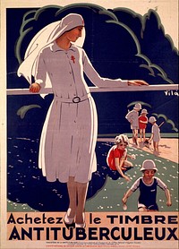 Achetez le timbre antituberculeux (Buy anti-tuberculosis stamps). Poster showing an outdoor scene with a nurse leaning against a railing looking over her shoulder at several children playing in the sand and picking flowers. Original public domain image from Flickr