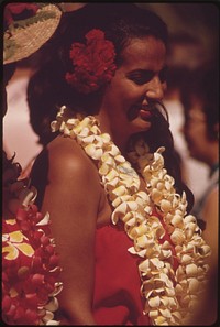 Hawaiians ready to demonstrate hula dance to Waikiki Beach tourists, October 1973. Photographer: O'Rear, Charles. Original public domain image from Flickr