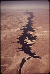 Davis dam on Colorado River. Lake Mohave forms in background, May 1972. Photographer: O'Rear, Charles. Original public domain image from Flickr