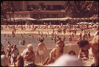 Waikiki Beach is the most popular tourist spot on the island there are 26,000 hotel rooms on Oahu. Most of them are in the Waikiki area, October 1973. Photographer: O'Rear, Charles. Original public domain image from Flickr