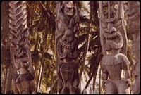 Ancient statues in City of Refuge National Historical Park near Honaunau on the western side of the island, November 1973. Photographer: O'Rear, Charles. Original public domain image from Flickr