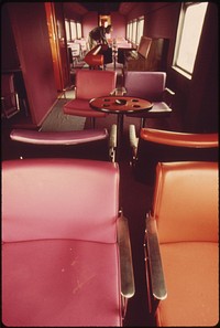 Interior of one of the Amtrak passenger trains which has been refurnished at a plant in Mira Loma, California, near Riverside, May 1974. Photographer: O'Rear, Charles. Original public domain image from Flickr