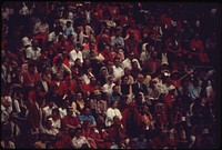 The annual spring football game at the University of Nebraska is a stadium-packing event. This is an intra-mural game and many fans wear red in honor of the team, the "Big Red," May 1973. Photographer: O'Rear, Charles. Original public domain image from Flickr