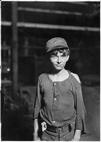 A typical glass works boy, night shift. Said he was 16 years old, August 1908. Photographer: Hine, Lewis. Original public domain image from Flickr