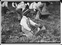 Charlie Fernande showing the scoop with which he works. Most of the scooping is done by adults. Wareham, Mass, September 1911. Photographer: Hine, Lewis. Original public domain image from Flickr