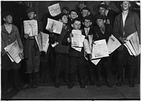 After midnight selling extras. There were many young boys selling very late these nights. Washington, D.C, April 1912. Photographer: Hine, Lewis. Original public domain image from Flickr