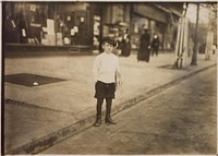 Photograph of William Lerch, 7 year old news-boy who sells for his brother, April 1912. Photographer: Hine, Lewis. Original public domain image from Flickr