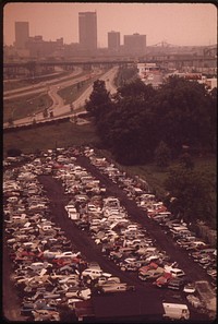 Automobile Junkyard Can Be Seen From High Rise Buildings In Downtown, September 1972. Photographer: Strode, William. Original public domain image from Flickr