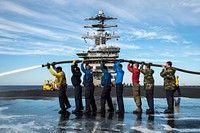 PACIFIC OCEAN (Nov. 12, 2012) ???Sailors and Marines participate in a scrub exercise on the flight deck of the aircraft carrier USS Nimitz (CVN 68).