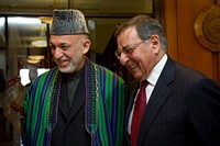 Secretary of Defense Leon E. Panetta, right, meets with Afghan President Hamid Karzai at the Pentagon in Arlington, Va., Jan. 10, 2013.